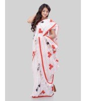 DESH BIDESH Women`s Bengali Khesh Pure Cotton Handloom Saree Tri Flower Designed With Blouse Piece (White Red Black)